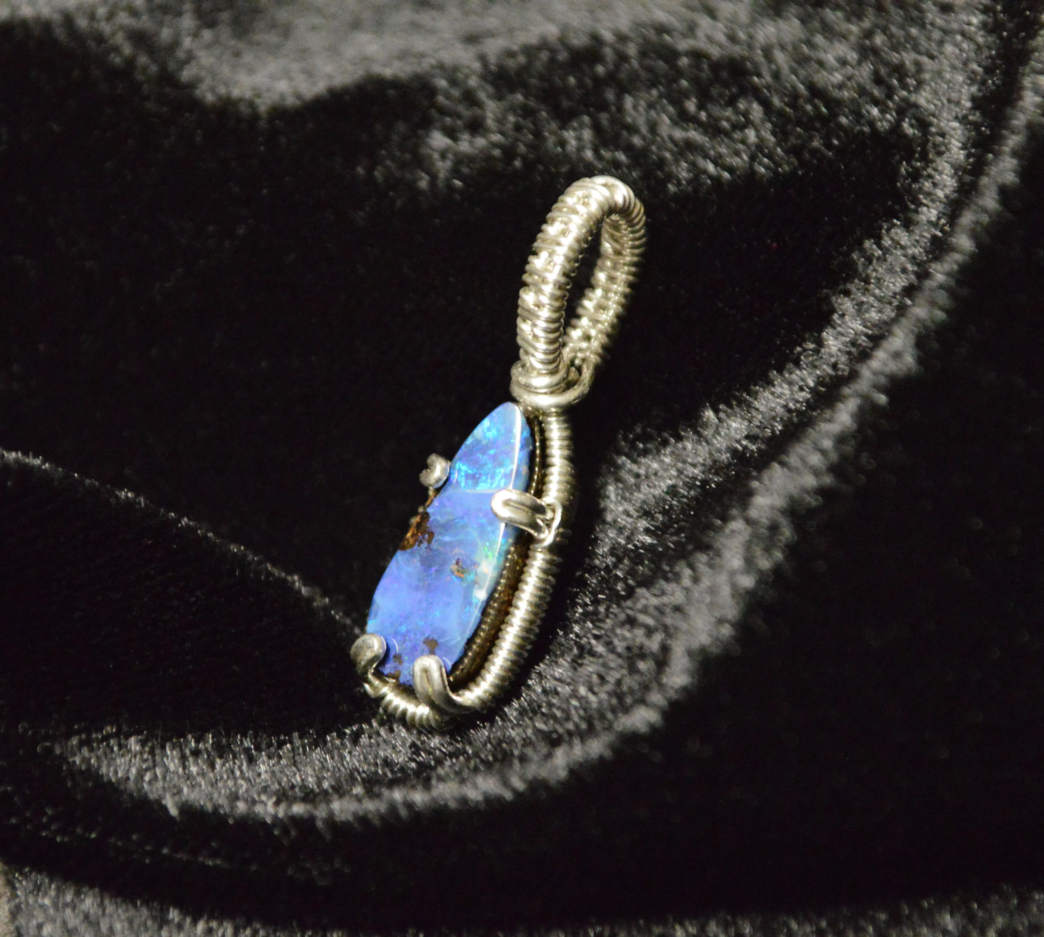 Sterling Silver Wire Wrapped Small Blue Australian Boulder Opal Necklace, Opal Jewelry