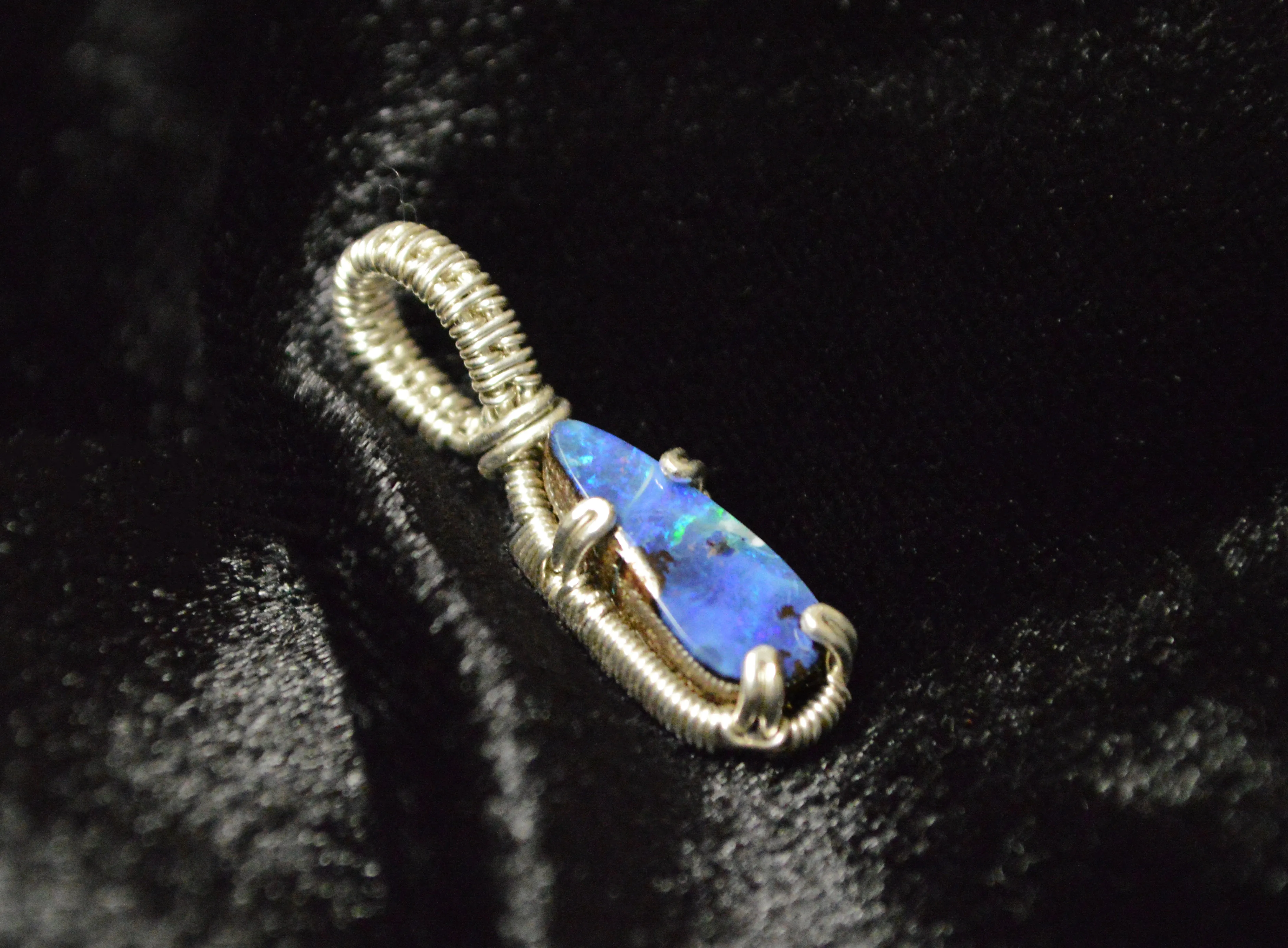 Sterling Silver Wire Wrapped Small Blue Australian Boulder Opal Necklace, Opal Jewelry