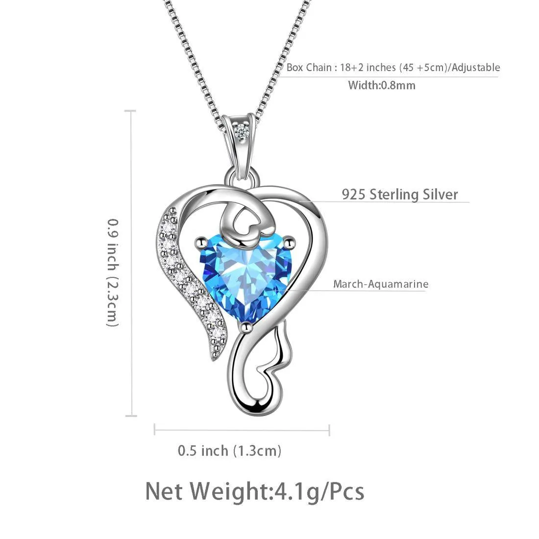 Tokyo Mart Love Heart Birthstone March Aquamarine Necklace Pendant Women Girls Jewelry Birthday Gift